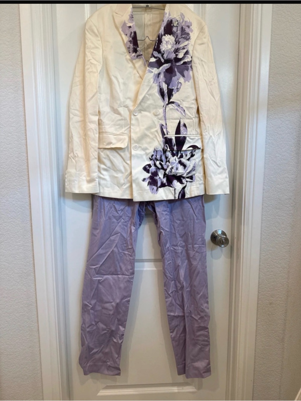 Men Murano Cream Blazer with Purple Floral Print & Lavender Pants